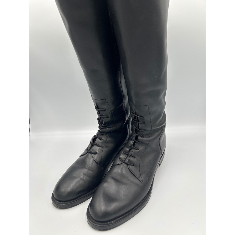 Nine West Black Leather Tall Equestrian Riding Boots Lace Up Front Round Toe 7.5